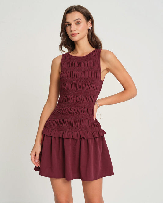Vestido Mini Sin Mangas Arrugado Color Rojo Vino