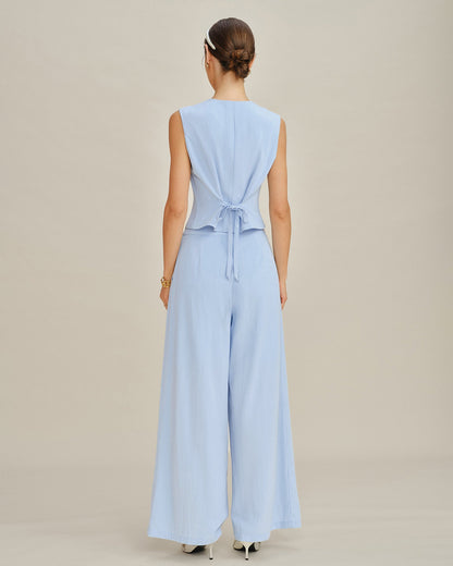 Pantalones Rectos Sólidos Azules con Bolsillos