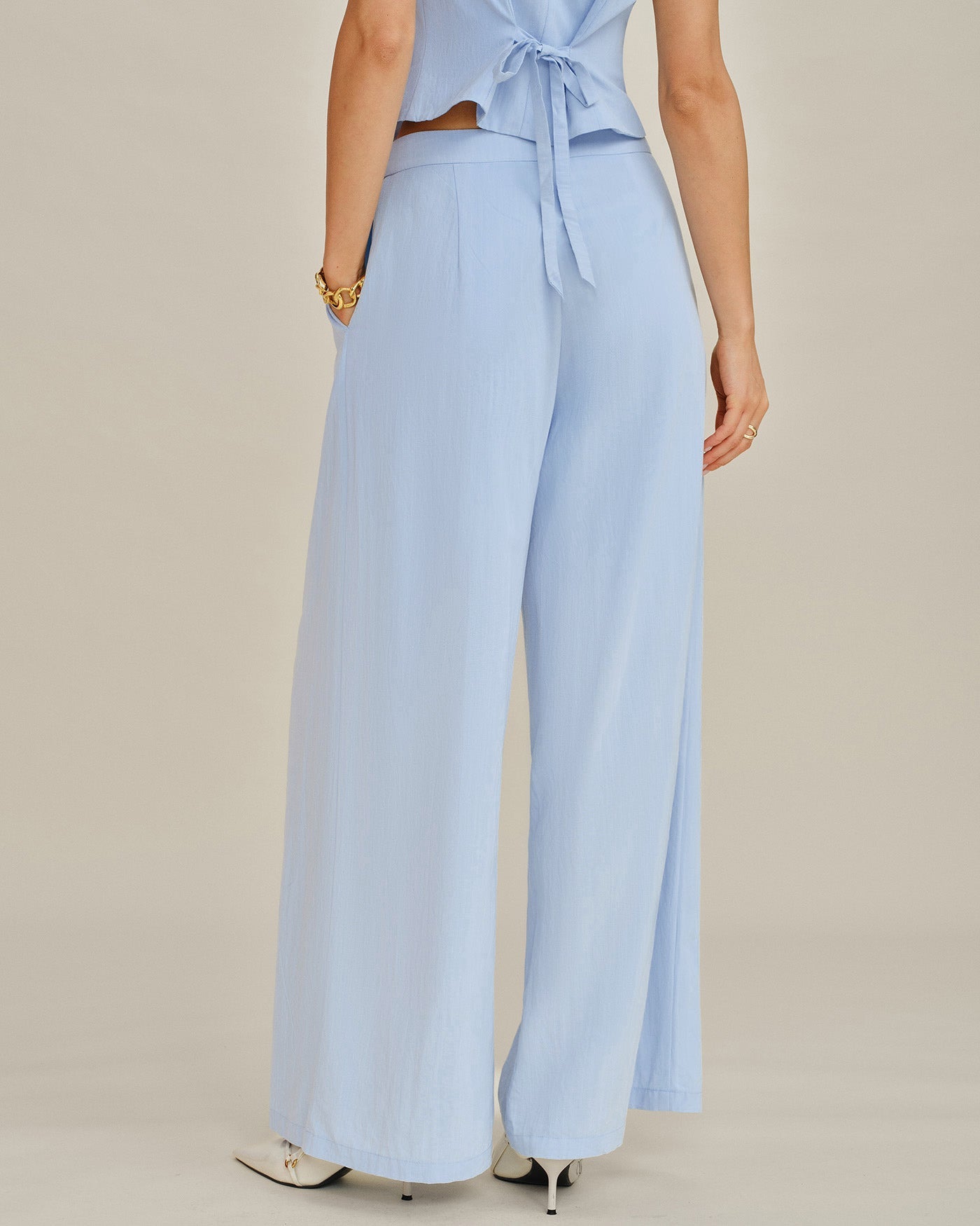 Pantalones Rectos Sólidos Azules con Bolsillos